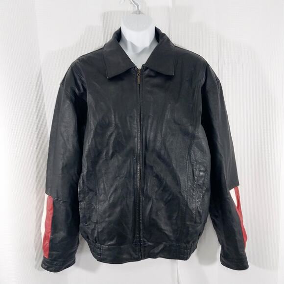 VINTAGE OSCAR PIEL! HOT BLACK GENUINE LEATHER, AMERICA BIKER/MOTO JACKET! SZ L - Picture 5 of 11
